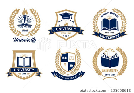University, academy or school and college icons of academic cap with book and sun, vector emblems. University shields or college badges for student education academy with torch or laurel wreath ribbon 135608618