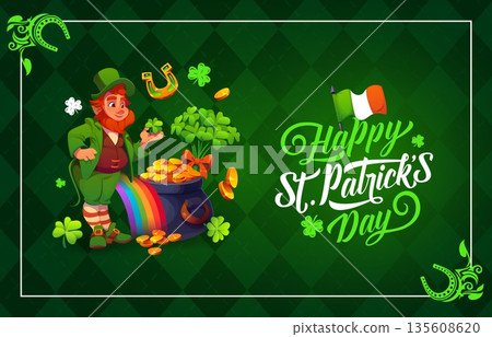 Happy St Patrick's day greeting card or banner. Irish party vector flyer, Saint Patrick celebration greeting card or banner with leprechaun, shamrock clover, cauldron with gold, handwritten typography Happy St Patrick's day greeting card or banner. Irish party vector flyer, Saint Patrick celebration greeting card or banner with leprechaun, shamrock clover, cauldron with gold, handwritten typography 135608620