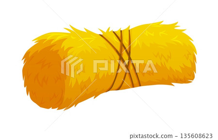 Cartoon hay bale tied with brown ropes. Vector golden yellow straw bundle roll symbolizes harvest, farming, and countryside living, agricultural element for autumn decorations, or rustic rural life Cartoon hay bale tied with brown ropes. Vector golden yellow straw bundle roll symbolizes harvest, farming, and countryside living, agricultural element for autumn decorations, or rustic rural life 135608623