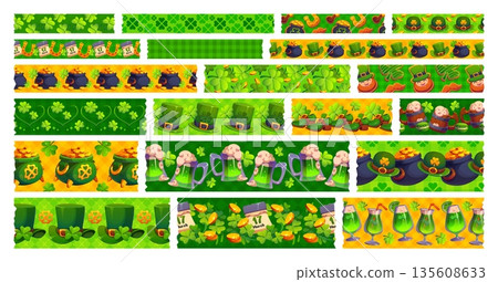 Washi tape green adhesive pieces with St Patrick s holiday decorations. Scrapbooking stickers, adhesive washi vector tape with Ireland Saint Patrick day clover, beer, leprechaun hat, shoes and gold Washi tape green adhesive pieces with St Patrick s holiday decorations. Scrapbooking stickers, adhesive washi vector tape with Ireland Saint Patrick day clover, beer, leprechaun hat, shoes and gold 135608633