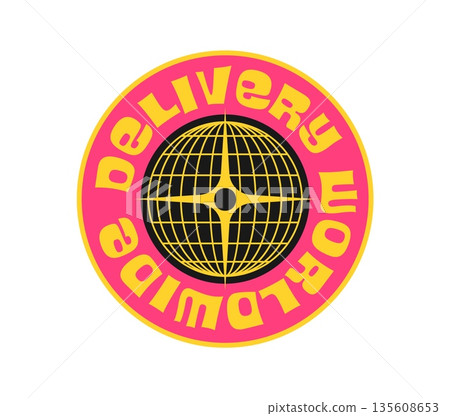 World delivery globe Y2K funky sticker or tag. Earth Y2K vector terrestrial sphere tag, world mesh sphere label. Planet globus sticker with black globe and yellow typography on pink typography 135608653