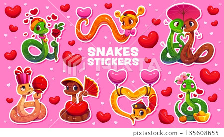 Cartoon valentines day snake characters stickers pack. Saint Valentine celebration Asian snake personage vector patch, Love holiday animal character sticker with flower, umbrella, lantern and balloon 135608655
