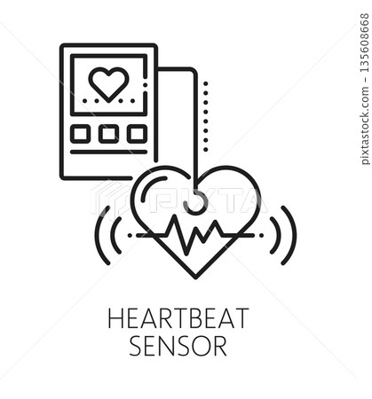 Heartbeat detector safety sensor line icon. Cardiology medicine technology sensor lineart symbol, heart rate and heartbeat detection linear vector pictogram. Healthcare system thin line sign or icon 135608668