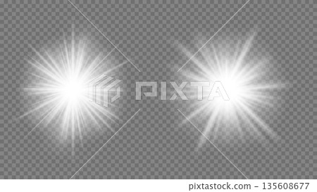 White light flare with radial shine rays. Glow vector effect spreads outward with soft gradient edges and sharp shining beams. Realistic bright white glowing starburst light overlay, magical sparkles 135608677