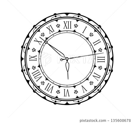 Circular vintage clock vector face with roman numerals arranged around the outer edge and and thin stylized hands. Vintage clock face with intricate ornamental motif. Antique, retro or classical clock Circular vintage clock vector face with roman numerals arranged around the outer edge and and thin stylized hands. Vintage clock face with intricate ornamental motif. Antique, retro or classical clock 135608678