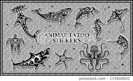 Maori animal tattoo stickers pack of hammerhead shark, dolphin, sea turtle, squid, seahorse, manta ray, swordfish and starfish. Vector set of tribal animal tattoo stickers featuring sea creatures like 135608681