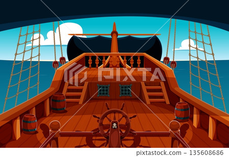 Wooden pirate ship deck interior. Pirate ship at sea with a large wheel helm in the foreground, wooden railings and barrels along the deck. Rope nets, sails, cloudy sky and open ocean nautical scene 135608686