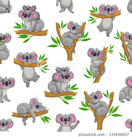 Vector seamless pattern of cartoon cute koala bear character are climbing, hugging branches, sleeping and carrying babies on their backs, smiling and cuddly. Fabric, tile background or wallpaper print 135608687