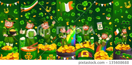 Happy St Patrick's day leprechaun characters collage. Irish festive collage or vector greeting cards. Saint Patrick holiday banners with shamrock clovers, pot of gold coins and leprechaun personages 135608688