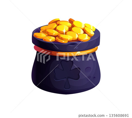Mobile game St Patrick leprechaun pot asset. Computer videogame level design element, RPG arcade vector environment item of metal pot or cauldron with shamrock clover stamp and golden coins inside 135608691
