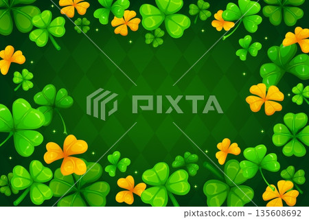 Shamrock clover leaves St Patrick's day holiday background. Spring Ireland holiday, folk party vector backdrop. Saint Patrick festive wallpaper with falling green and golden shamrock clovers leaves 135608692