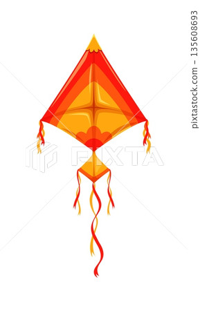 Festival paper kite in diamond shape with decorative red and yellow ribbons hanging from the sides and tail. Child entertainment cartoon vector kite. Kids outdoor sports, Indian festival flying toy Festival paper kite in diamond shape with decorative red and yellow ribbons hanging from the sides and tail. Child entertainment cartoon vector kite. Kids outdoor sports, Indian festival flying toy 135608693