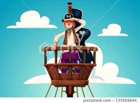 Cartoon pirate cabin boy lookout, vector character with orange hair in ragged clothes and pirate hat, positioned on wooden crow nest which depicted with ropes, bright blue sky and fluffy clouds 135608694