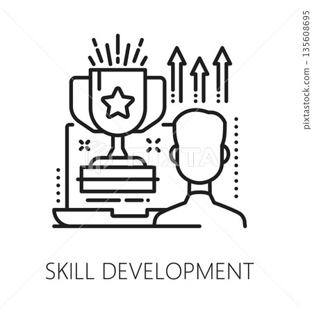 Skill development online education line icon or symbol. Remote education outline sign, online school classes outline vector icon. Distance learning symbol or pictogram with laptop and winner cup Skill development online education line icon or symbol. Remote education outline sign, online school classes outline vector icon. Distance learning symbol or pictogram with laptop and winner cup 135608695
