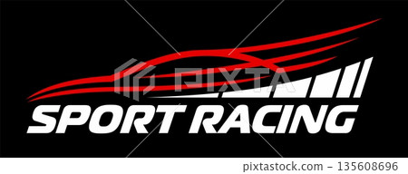 Race car, drag competition sticker or symbol. Car racing championship decal patch, rally competition vector label. Race sport emblem sticker with racing car linear abstract silhouette and typography Race car, drag competition sticker or symbol. Car racing championship decal patch, rally competition vector label. Race sport emblem sticker with racing car linear abstract silhouette and typography 135608696