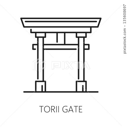 Japan tori gate, Asia travel line icon or label. Asia vacation journey icon, Japan holiday travel vector pictogram. Asian country culture trip sign or symbol with shintoism temple entrance tori gate 135608697