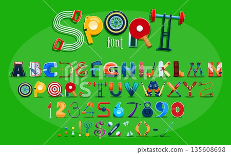 Cartoon sport font, soccer and football typeface, funny type, kids English alphabet letters, symbols and numbers as athletic equipment like weights, paddles, balls, skis, and gear. Vector fitness abc 135608698
