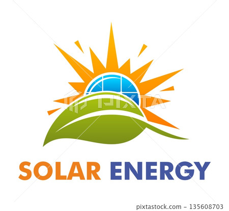 Solar energy technology icon with bright sun rays, blue solar panel and green leaf design. Modern vector renewable power icon featuring sunshine burst, eco technology symbol and typography 135608703