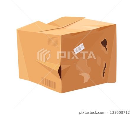 Crumpled and damaged cargo delivery box and broken ripped cardboard parcel with torn holes, dents and bent edges. Vector damaged crumpled cardboard delivery box. Broken and ripped cargo parcel package Crumpled and damaged cargo delivery box and broken ripped cardboard parcel with torn holes, dents and bent edges. Vector damaged crumpled cardboard delivery box. Broken and ripped cargo parcel package 135608712