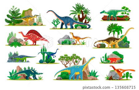 Prehistoric dinosaurs, cartoon dino animal characters with ancient plants and rocks. Vector reptile species for children books, education materials, stickers, posters. Isolated Jurrassic era creatures Prehistoric dinosaurs, cartoon dino animal characters with ancient plants and rocks. Vector reptile species for children books, education materials, stickers, posters. Isolated Jurrassic era creatures 135608715