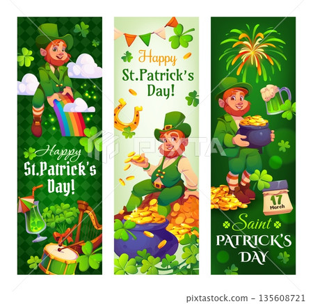 Happy St Patrick's day holiday banners or flyers. Spring celebration vector poster, Ireland folk party banner or greeting card with leprechaun funny character, gold cauldron, clover leaf and ale glass 135608721