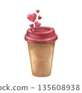 Hearts fly out of a paper coffee cup. Watercolor illustration of a Drink decoration for February 14. Hand drawn vintage sketch on white isolated background. Water color painting art image for cards 135608938