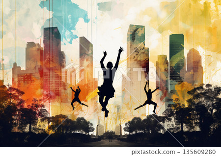 People dancing in colorful city background illustration 135609280