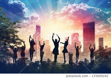 People dancing in colorful city background illustration 135609282