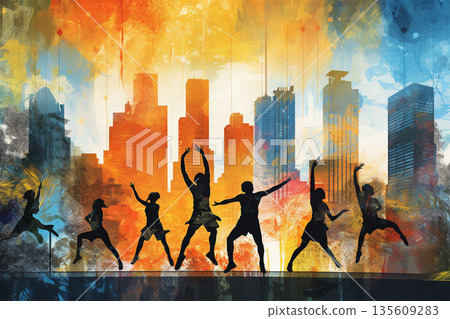 People dancing in colorful city background illustration 135609283