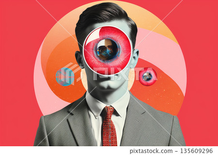 Abstract fine and pop art illustration collage of man with binoculars 135609296