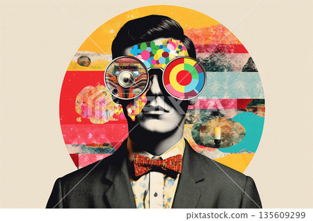 Abstract fine and pop art illustration collage of man with binoculars Abstract fine and pop art illustration collage of man with binoculars 135609299