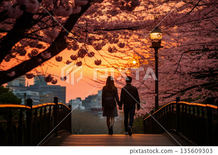 Couple walking in sakura park in Japan during springtime 135609303