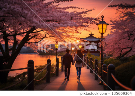 Couple walking in sakura park in Japan during springtime Couple walking in sakura park in Japan during springtime 135609304