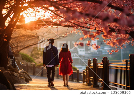 Couple walking in sakura park in Japan during springtime 135609305