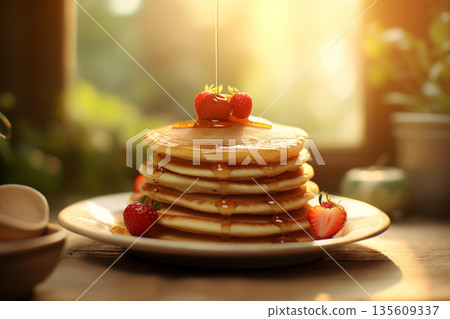 Delicious pancakes with berries and syrup Delicious pancakes with berries and syrup 135609337