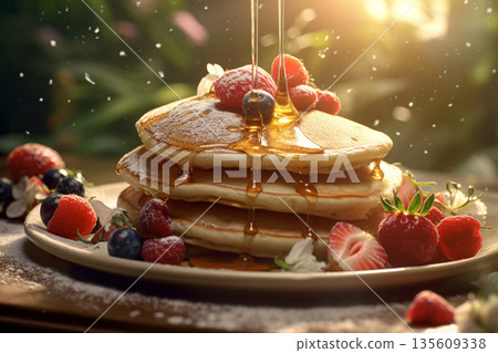 Delicious pancakes with berries and syrup Delicious pancakes with berries and syrup 135609338