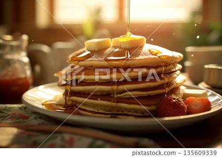 Delicious pancakes with berries and syrup Delicious pancakes with berries and syrup 135609339