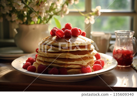 Delicious pancakes with berries and syrup 135609340