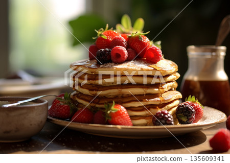 Delicious pancakes with berries and syrup 135609341