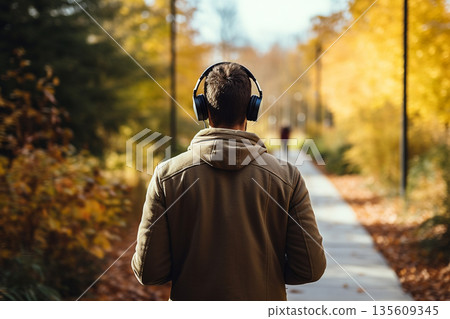 Man with headphones walking in park during autumn time Man with headphones walking in park during autumn time 135609345