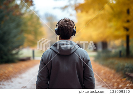 Man with headphones walking in park during autumn time Man with headphones walking in park during autumn time 135609350