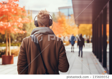 Man with headphones walking in park during autumn time 135609352