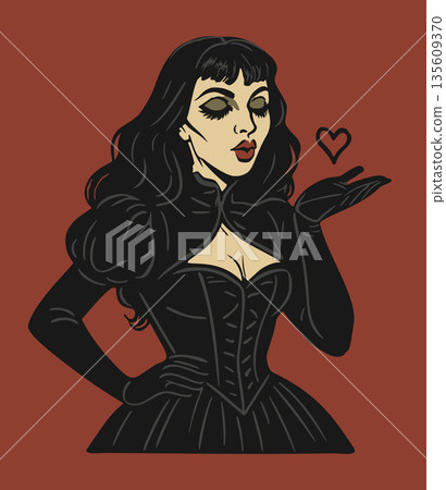 Vamp Valentine. Woman with pale skin and raven-black hair, wearing black gothic Victorian outfit, pursing in an air kiss on crimson background. Vector portrait Vamp Valentine. Woman with pale skin and raven-black hair, wearing black gothic Victorian outfit, pursing in an air kiss on crimson background. Vector portrait 135609370