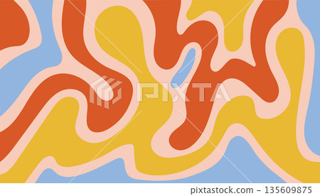 An abstract background in retro psychedelic 70s style with dynamic wavy lines and curves in vintage tones. An abstract background in retro psychedelic 70s style with dynamic wavy lines and curves in vintage tones. 135609875