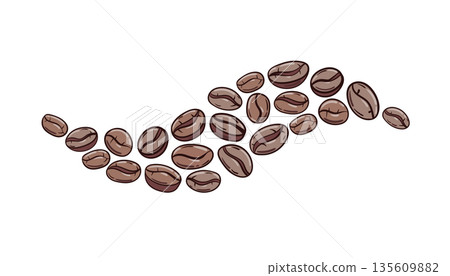 Dynamic wave of coffee beans in a hand drawn style with brown tones. Dynamic wave of coffee beans in a hand drawn style with brown tones. 135609882