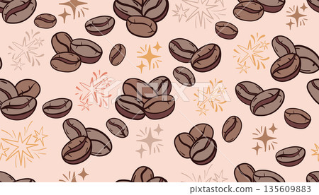 A seamless pattern featuring stylized coffee beans and sparks in doodle sketch style. A seamless pattern featuring stylized coffee beans and sparks in doodle sketch style. 135609883