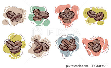 A set of eight colorful vector icons featuring hand drawn roasted coffee beans. A set of eight colorful vector icons featuring hand drawn roasted coffee beans. 135609888