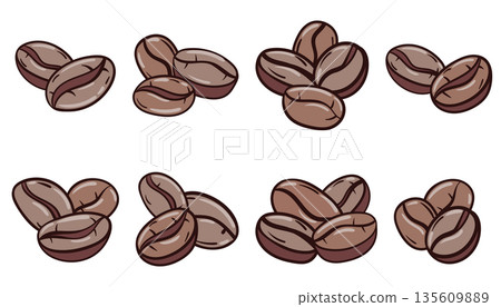 A set of eight compositions of doodle sketch roasted coffee beans. A set of eight compositions of doodle sketch roasted coffee beans. 135609889