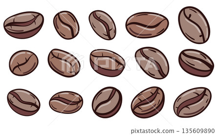 A set of fifteen hand drawn roasted coffee beans. Doodle sketch style. A set of fifteen hand drawn roasted coffee beans. Doodle sketch style. 135609890