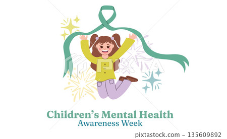 Happy jumping child with a green awareness ribbon, stars, and confetti celebrating National Children's Mental Health Awareness Week. 135609892
